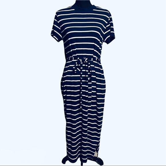 Time and Tru Navy Blue and White Striped Belted Dress Women's S 4-6 - Picture 1 of 8